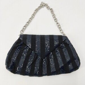 BCBGMAXAZRIA Black Navy Striped Mesh Shoulder Bag Chain Strap Evening Party HOCO